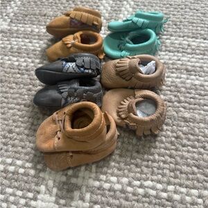 Freshly Picked Kids Moccasins in Tan, Black, and Teal